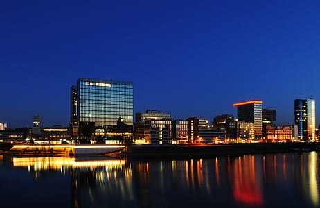 Düsseldorf, speditionstraße, Niebieska godzina, długi czas ekspozycji, Architektura, związane z biznesem, Port