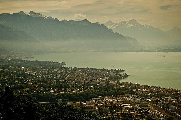 Женевското езеро, Швейцария, празници, планини, езеро, вода, град