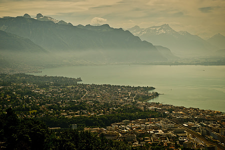 Lago de Genebra, Suíça, feriados, montanhas, Lago, água, cidade