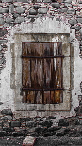 okno, staré, ve věku, zvětralý, staré okno, dřevěný, zeď