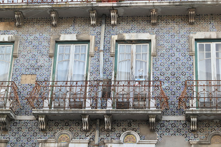 Portugália, Lisszabon, Lisboa, építészet, mozaik, fal, erkély