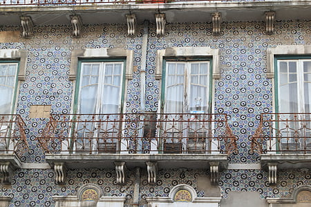 Portugal, Lissabon, Lisboa, arkitektur, klinkergolv, väggen, balkong
