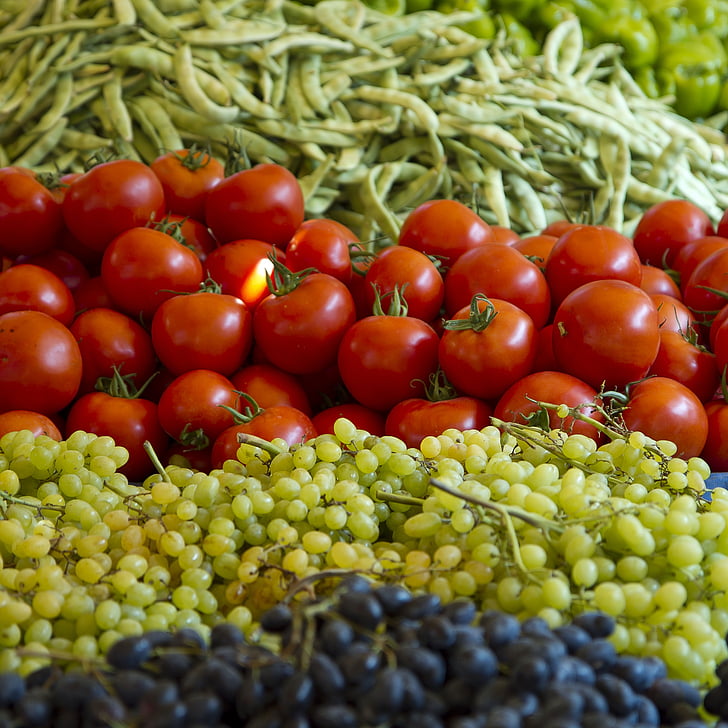 tomatoes, grapes, beans