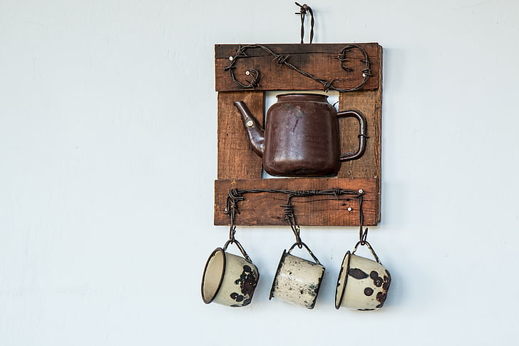 coffee pot, teapot, cups, battered, old, retro, pot