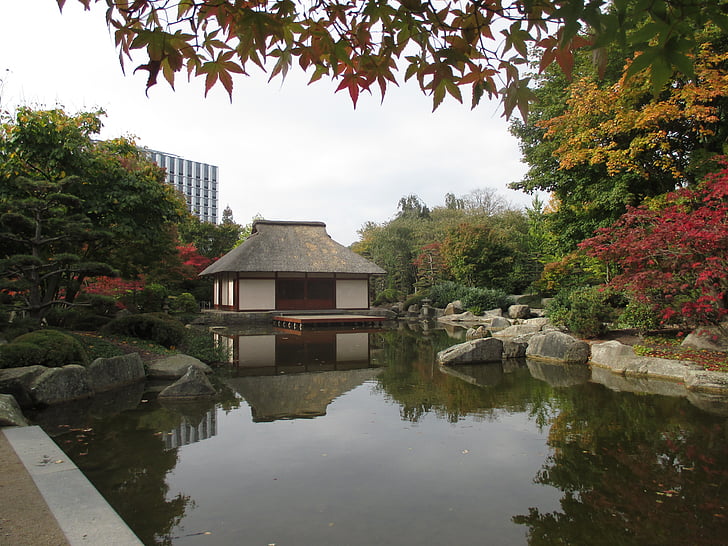 japanisches Teehaus, in hamburg, geplant und Blomen, Spiegelung, Park, Ahorn, Azalee