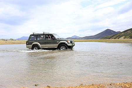 džíp, auto, řeka, Island, přes řeku