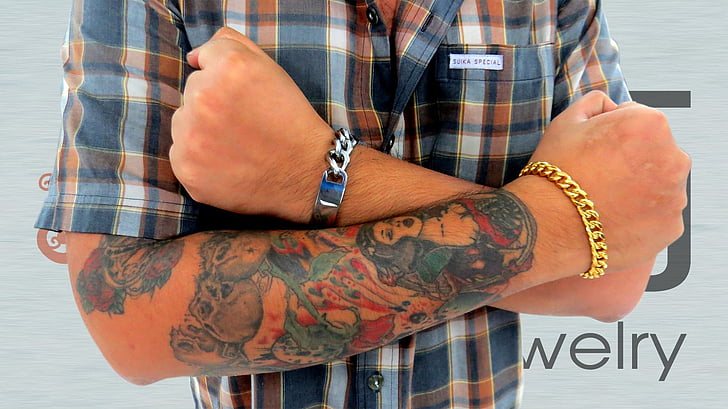 tattoos, arms, male, bracelets, stainless steel jewelry, biker bracelet, steel bracelet