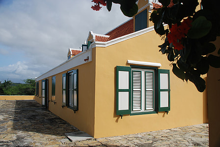jardineras casa, Curacao, esclavitud, plantación de, nubes, casa amarilla
