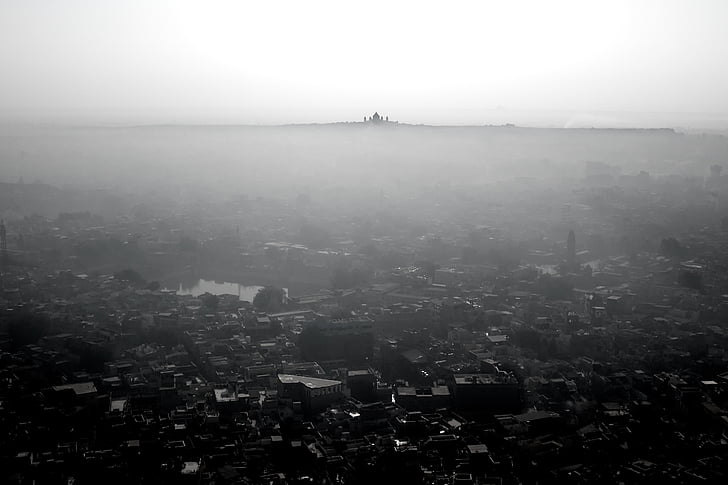 vtáčej perspektívy, čierno-biele, budovy, mesto, Panoráma mesta