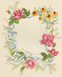 cartes d’anniversaire, fleurs, cadre, Old-fashioned, antique, illustration, fleur