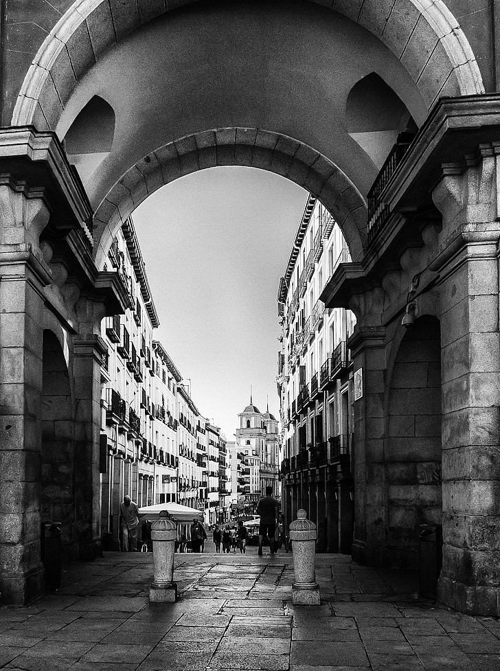 Calle toledo, Plaza mayor madrid, preto e branco, cidade, Espanha, Madrid, urbana
