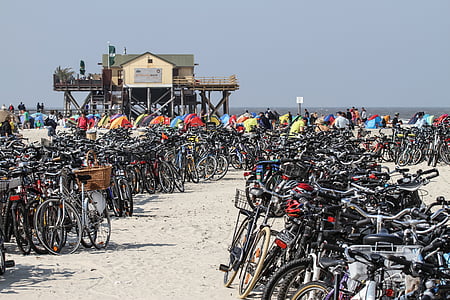 beach, bicycles, sand beach, st peter, ording, coast, sea