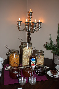candle holders, muesli, jam, breakfast, breakfast buffet, buffet, eat