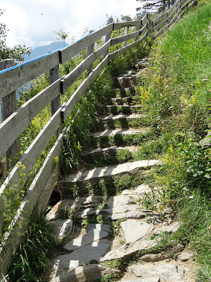 kamnito stopnišče, gorski svet, vzpon, stopnice, ograje, stran, navzgor