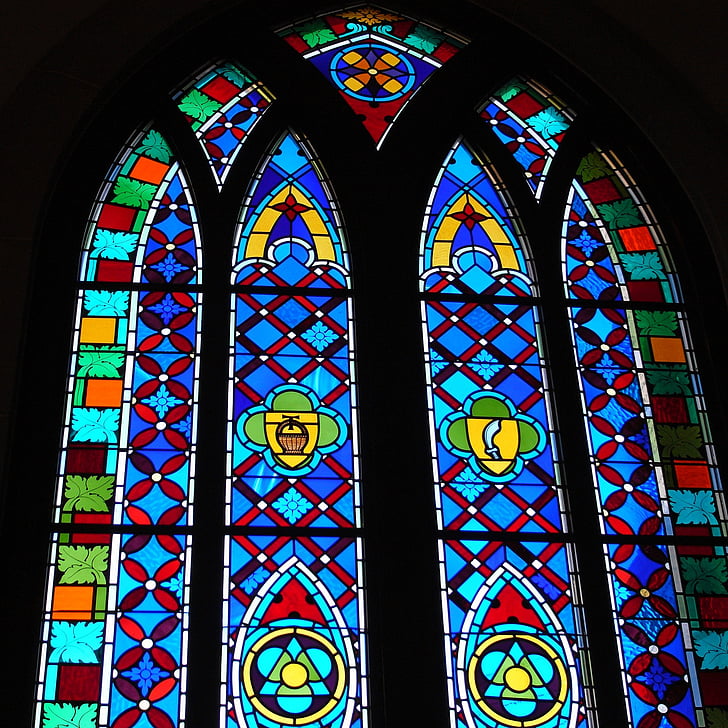 stained glass window, church, window, religion, religious, worship, arched