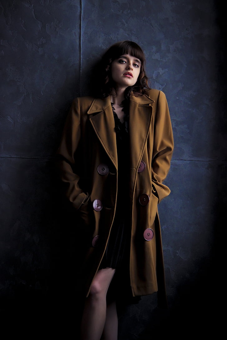 girl, coat, old coat, brown coat, girl in coat, retro, dark background