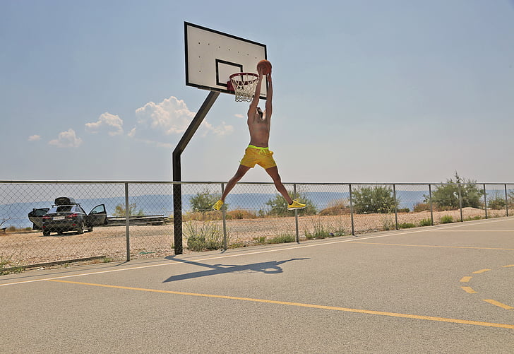 basketbal, sport, spel, -stap-springen, man, persoon, strand
