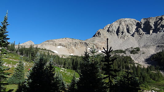 subalpine forest, mountain peak, with lake, colorado mountains