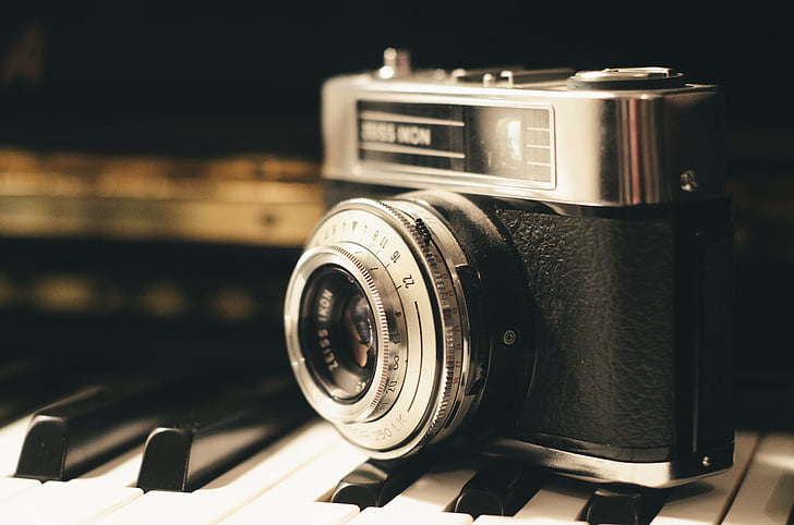 caméra analogique, appareil photo, objectif, vieux, photo, photographie, piano