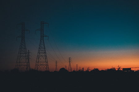 Foto, silhuet, by, i nærheden af, elektricitet, Tower, Sunset