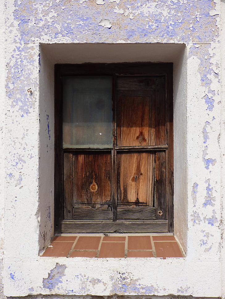 finestra, vell, fusta, descamació pintura, blau