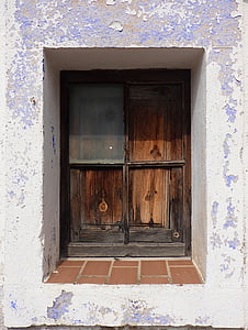 okno, stary, drewno, łuszczenie farby, niebieski