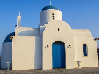 építészet, Ayios nikolaos, kék, épület, templom, kereszt, Ciprus