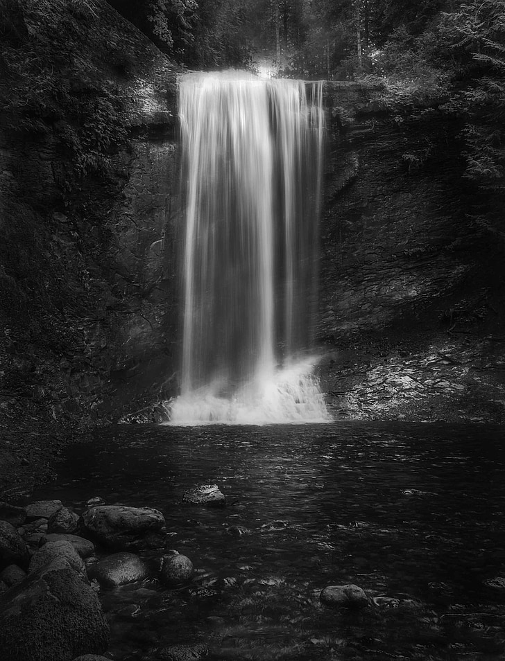 waterfall, monochrome, black and white, long exposure, nature, rock, river