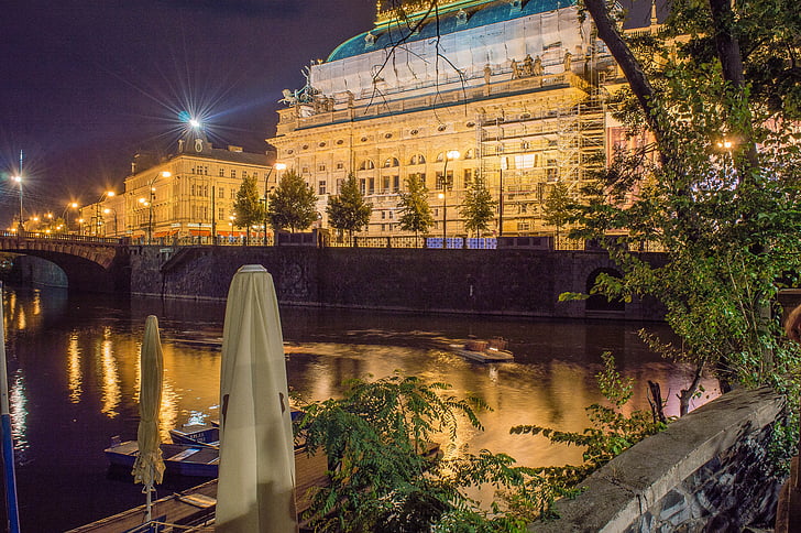 narodno kazalište, Prag, noć, grad, svjetla, dvorac, nada 's most