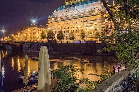 Nhà hát quốc gia, Praha, đêm, thành phố, đèn chiếu sáng, lâu đài, Charle's bridge