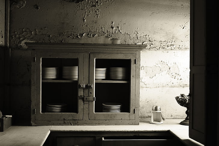 abandoned building, old building, kitchen, plates, cupboard, black white