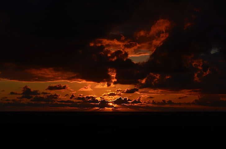 ηλιοβασίλεμα, διάθεση, στη θάλασσα, φωτισμός, Borkum, κόκκινα σύννεφα, μεταλαμπή
