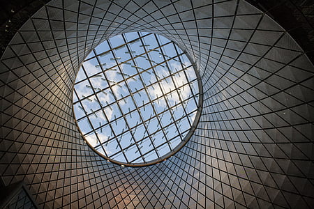 round, glass, building, ceiling, lights, skylight, low angle view