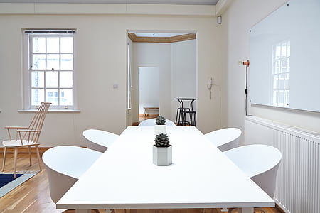 rectangular, blanc, fusta, menjador, taula, conjunt, interior