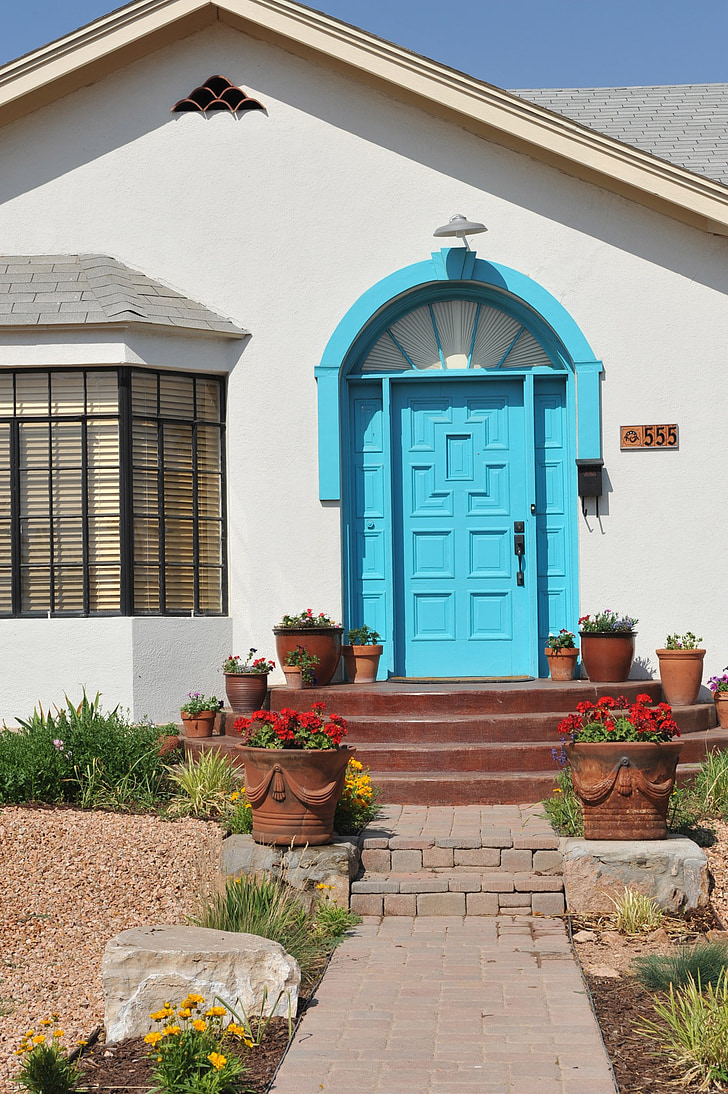 τυρκουάζ, χρώμα, πόρτα, Είσοδος, αρχιτεκτονική, σπίτι, φυτό
