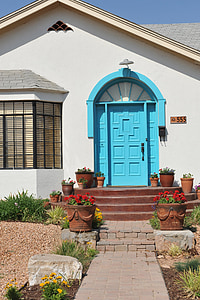 türkiz, szín, ajtó, bejárat, építészet, ház, növény