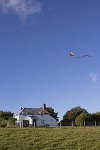kite, flying, cottage, blue, sky, summer, child