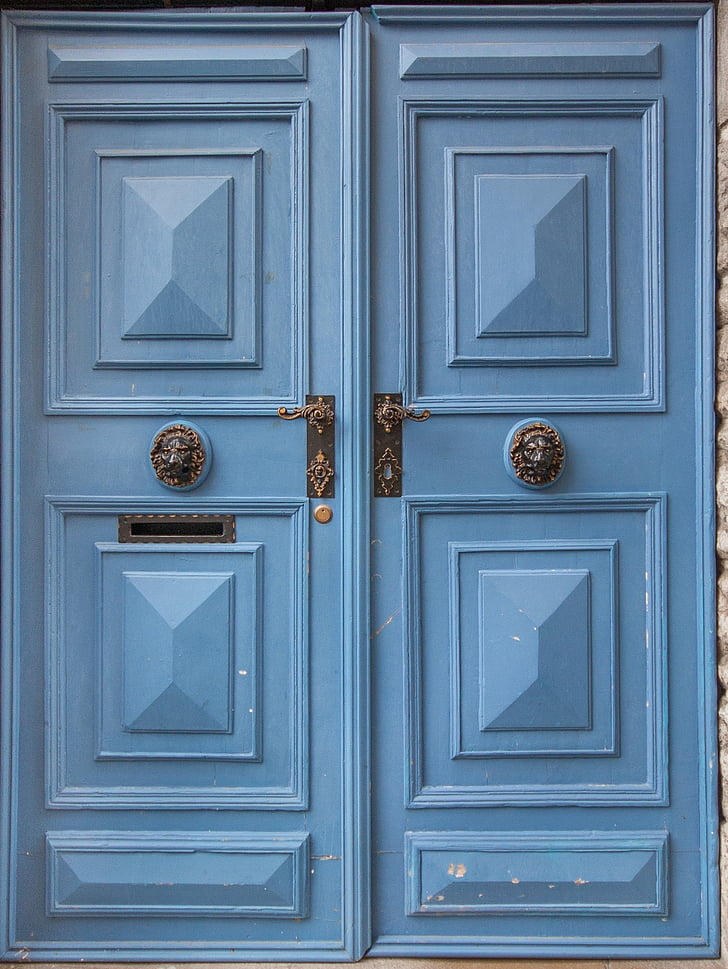 dörrar, målade, trä, blå, PATTAR, e-post, rustik