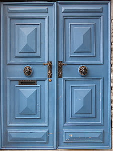 portes, pintat, fusta, blau, baldes, correu, rústic