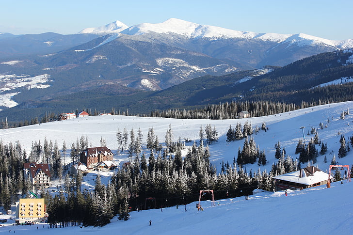 téli, hegyek, Ski resort, erdő, hó, táj, turizmus