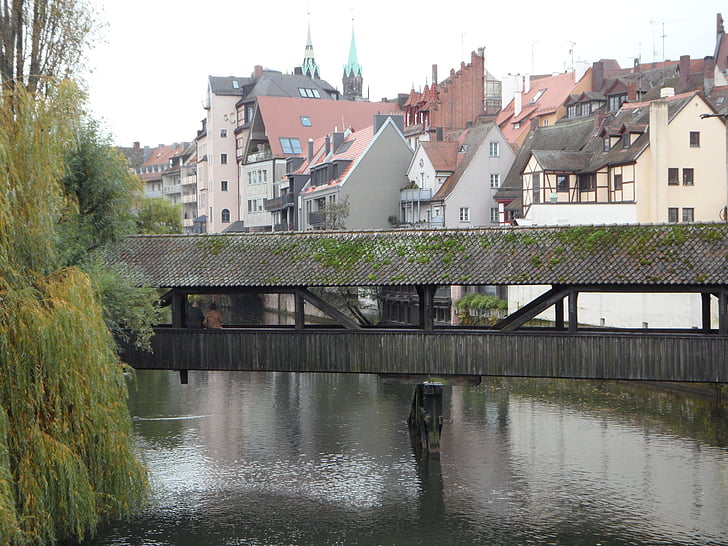 Nuremberg, kota tua, Pegnitz, Jembatan, musim gugur, Sungai, perairan