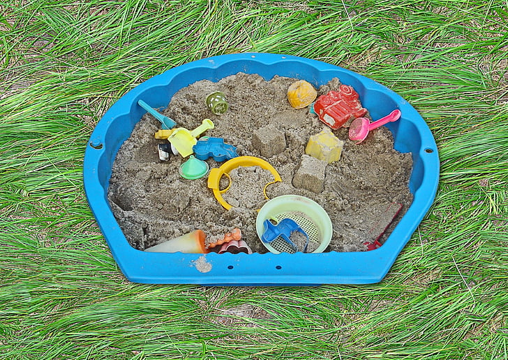 buddelkiste, hoyo de la arena, arena, juguetes, zona de juegos, niño, plástico