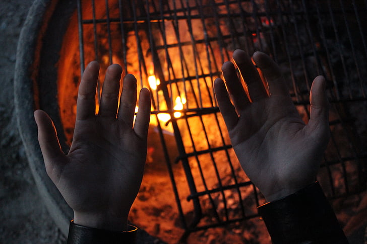 foguera, calor, mans, mà humana, presoner