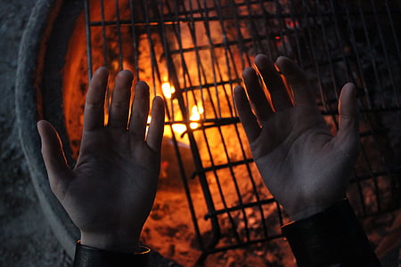 ohniště, teplo, rukama, lidská ruka, vězeň