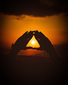 silhouet, persoon, s, hand, zonsondergang, donker, Oranje
