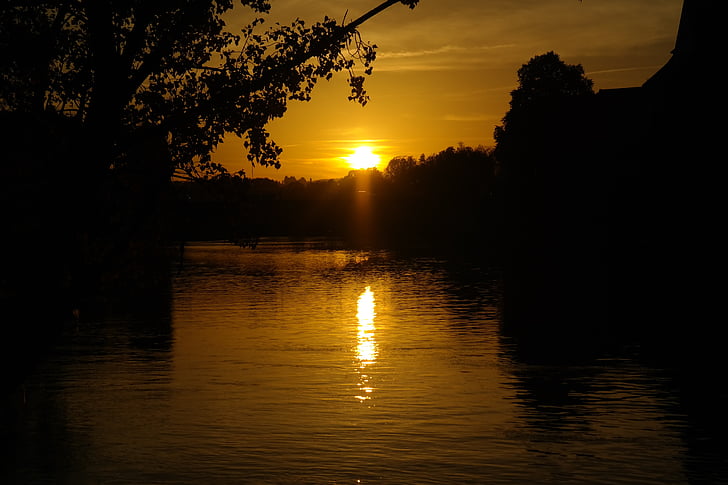 matahari terbenam, Sungai, Danube, air, pohon, cabang, matahari