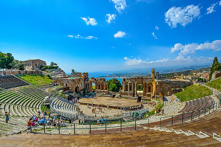 teātris, teātris, Grieķu, Itālija, Taormina, Sicīlija, drupas