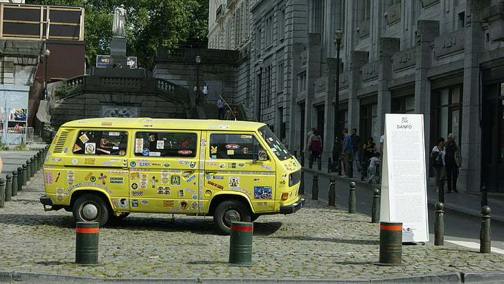 auto, truck, van, old, yellow, stickers, street