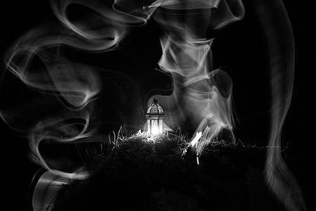 lanterna, vela, luz, devagar, preto e branco, ao ar livre, à noite