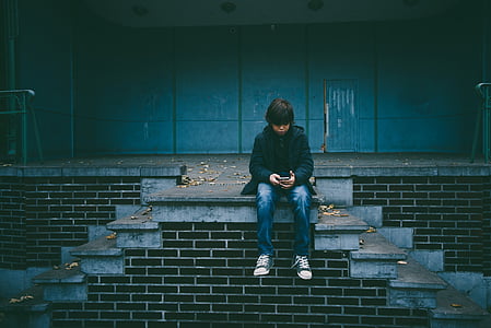 alone, boy, child, sitting, stairs, young, one person